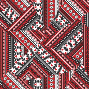 Kabilesel üçgen çizgili etniksiz desen el çizimi vektör illüstrasyonu. Soyut arkaplan renkli kırmızı renkler çizme eğilimi.