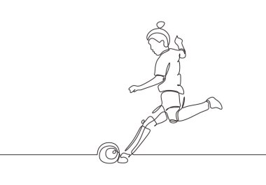 Devamlı bir çizgi çizen bir kadın futbol maçında topa vuruyor. Beyaz arkaplanda izole edilmiş vektör illüstrasyon minimalizm tasarımı.