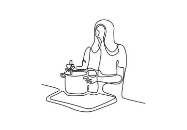 Yemek pişiren kız sürekli bir çizgi çizerek vektör çiziyor. Kadınlar yemek yapmaktan hoşlanır..
