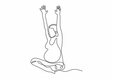 Tek bir çizgi, hamile bir kadının yoga yapmasını engelliyor. Kadın egzersizi. Beyaz arkaplanda izole edilmiş el yapımı taslak resim.