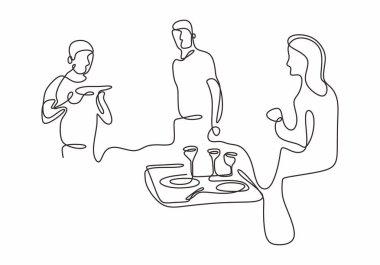 Continuous line drawing of company of friends dining in restaurant. One hand drawn people group enjoy dinner time. vector Continuous line drawing of company of friends dining in restaurant. One hand drawn people group enjoy dinner time. vector