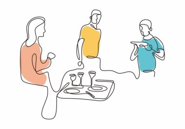 Continuous line drawing of company of friends dining in restaurant Vector illustration. One hand drawn people group enjoy dinner time. vector Continuous line drawing of company of friends dining in restaurant Vector illustration. One hand drawn people group enjoy dinner time. vector