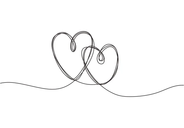 Disegno continuo linea di segno d'amore con due cuori abbracciare minimalismo design stile scarabocchio . — Vettoriale Stock