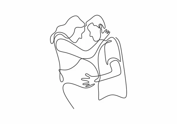 Birbirine aşık hamile bir çift, el çizimi bir resim silueti bekliyor. Tek elle çizilmiş vektör illüstrasyonu. — Stok Vektör