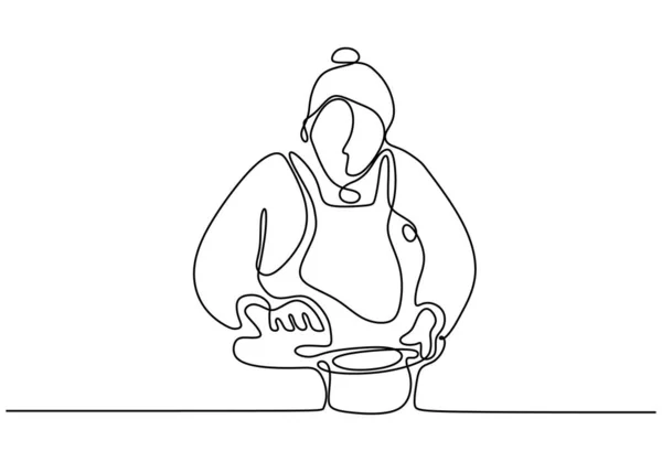 Mujer cocina comida continua una línea dibujo vector ilustración. Chica disfrutar haciendo alimentos . — Vector de stock