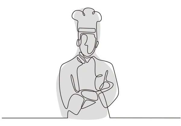 "безперервний креслення однієї лінії впевненого шеф-кухаря стоячи Векторні ілюстрації. Мінімалізм, намальований однією рукою ." — стоковий вектор