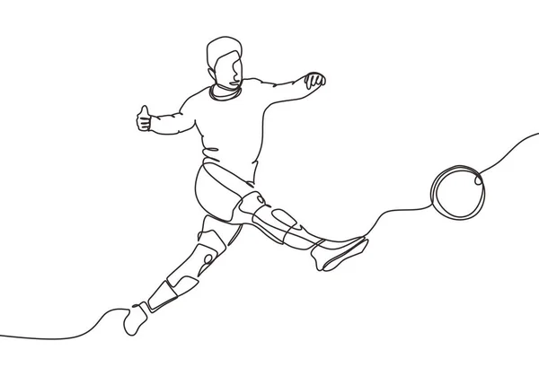 Kontinuierliche Linienzeichnung eines Mannes, der während eines Fußballspiels gegen einen Ball tritt. Person des Athleten springen und ein Tor auf Sport. Vektor Illustration Minimalismus Design. — Stockvektor