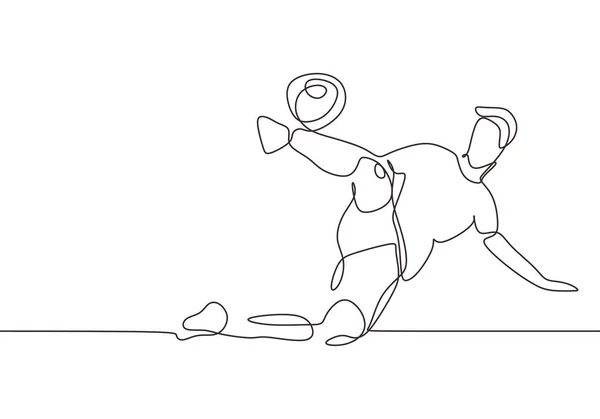 Непрерывная линия рисования футболиста. Спортсмен удар мяч, чтобы сделать гол во время игры. Вектор минимальная рука . — стоковый вектор