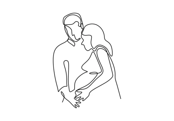 Continu een lijntekening van gelukkige zwangere vrouw met haar man, silhouet foto van familie. Vectorillustratie. — Stockvector