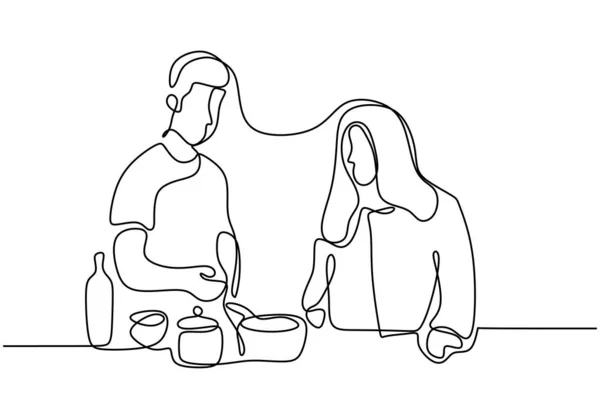 Az emberek főzés folyamatos egy vonal rajz design minimalizmus stílus. Vektor illusztráció élvezi hobbi. — Stock Vector
