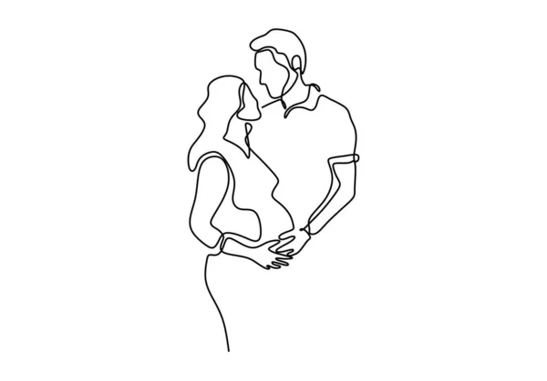 Dibujo continuo de la línea de la mujer embarazada feliz y su marido. Pareja familia, silueta foto de la madre . — Vector de stock