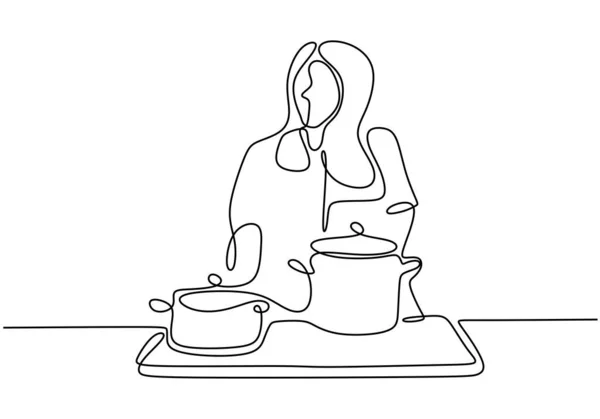 Vector Girl cocina comida continua ilustración dibujo de una línea. Mujer disfrutar haciendo alimentos . — Vector de stock