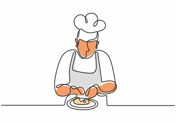 Dessin continu d'une ligne de chef préparant illustration vectorielle alimentaire. Esquisse dessinée à la main style de simplicité . — Image vectorielle