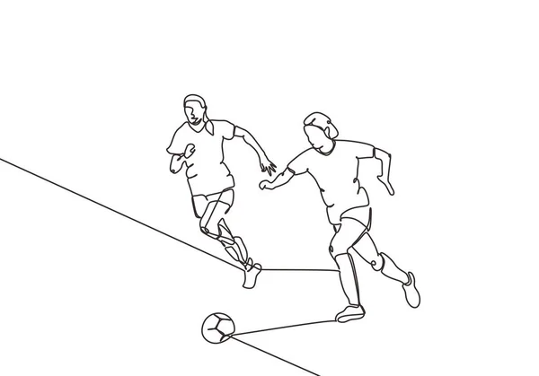 Ciągły rysunek jednej linii kobiet uprawiających sport gry w piłkę nożną. Dwie dziewczyny biegające piłką. Pani dryfuje obok przeciwnika. Minimalistyczna prostota projektu linthe hand drawn vector ilustracja. — Wektor stockowy