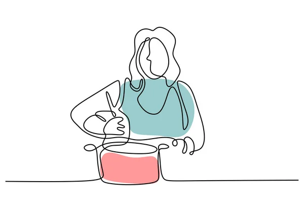 Dibujo continuo de una línea Chica cocinar ilustración vector de alimentos. Mujer bastante joven disfrutar de hacer alimentos . — Vector de stock