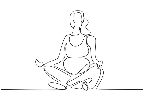 Dibujo continuo de una línea de madre feliz embarazada haciendo yoga deporte aeróbico. Mujer estilo de vida saludable . — Vector de stock