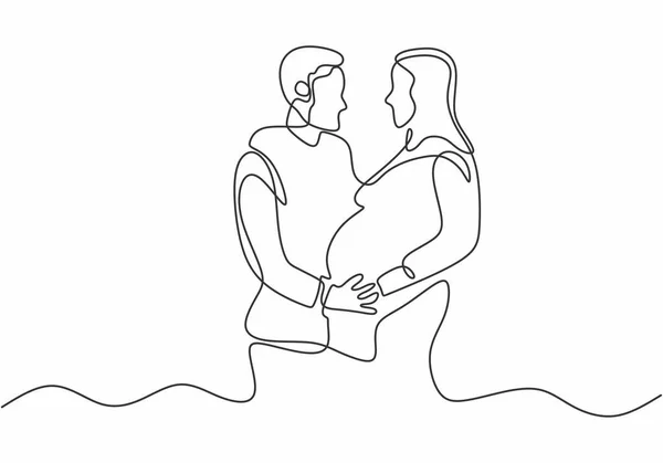 Zakochana para w jednej linii, oczekująca ręcznie narysowanej sylwetki dziecka. Ilustracja wektora narysowanego jedną ręką. — Wektor stockowy