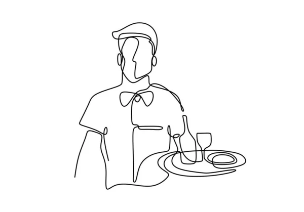Camarera sosteniendo una bandeja de servir continua de una línea de dibujo. Personaje empleado de una cafetería, un restaurante en el trabajo . — Vector de stock