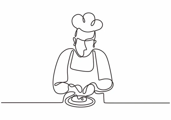 Un disegno a linee di chef che prepara illustrazione vettoriale del cibo. Continuo disegnato a mano disegno stile semplicità . — Vettoriale Stock