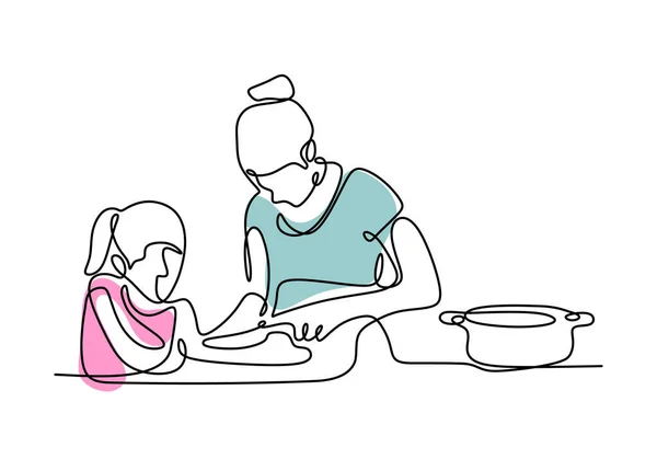 Un dessin de ligne continue de la mère et sa fille cuisiner un aliment . — Image vectorielle