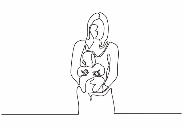 Kontinuerlig en linje ritning av Happy mor och barn. Kvinna efter bebis födde siluett bild av mamma. Vektor illustration enkelhet design. — Stock vektor