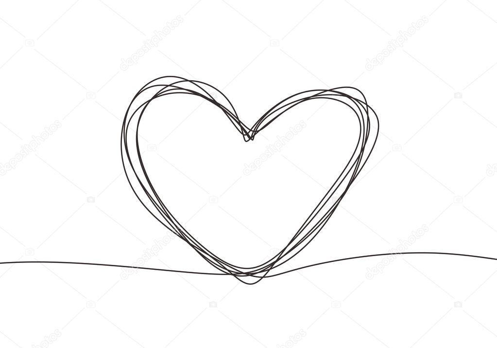Hand drawn love heart symbol continuous one line drawing. Vector minimalism black and white colors.