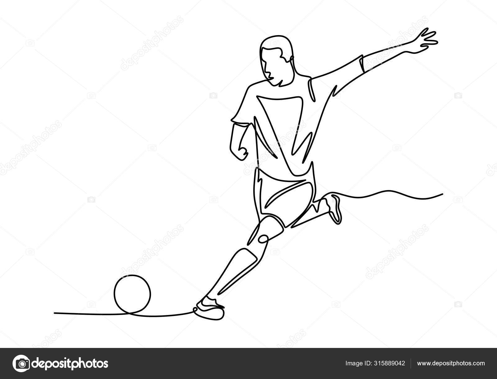 Um desenho de linha de um jovem atacante de futebol enérgico faz