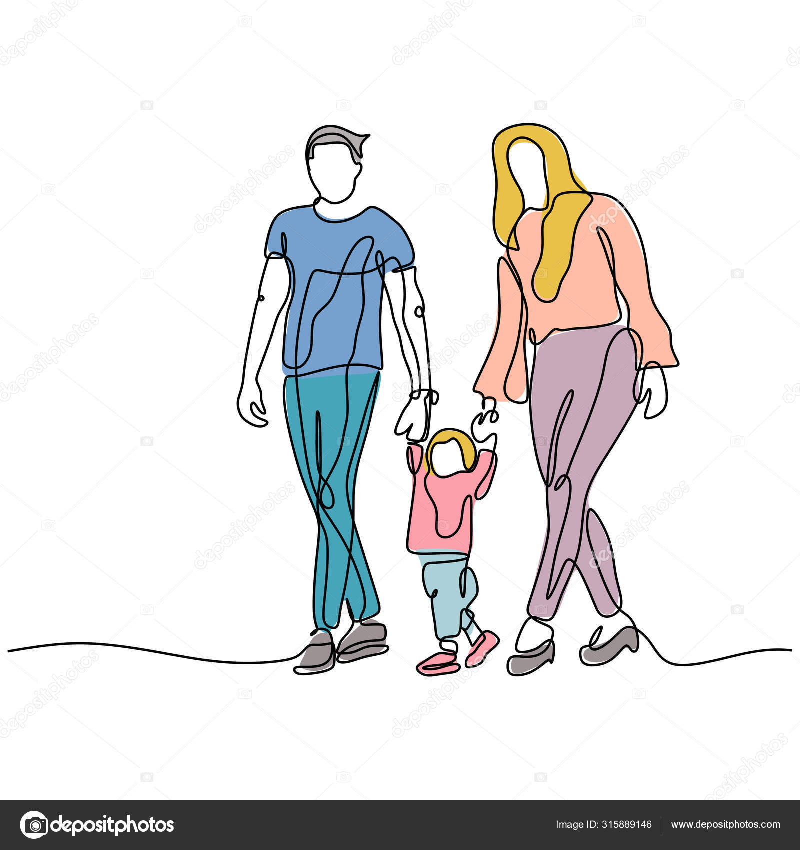 Continuous one line drawing of family members of father, mother