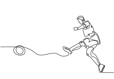 Futbolcu sürekli bir çizgi çiziyor. Maç sırasında futbolcu topa vurur. Vektör minimalizm tasarımı.