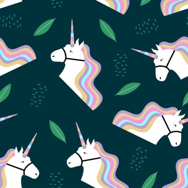 Yapraksız desenli vektör çizimi olan tek boynuzlu at kafası. Yaprakları sevimli çizilmiş renkli çocuksu karikatür..