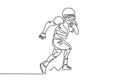 Bir çizgi Amerikan futbolu ya da futbol maçı. Miğferi ve topu olan bir adam..