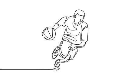 Basketbol sürekli tek çizgi halinde vektör çizimi. Oyunda top süren bir sporcu..