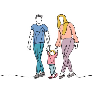 Baba, anne ve oğulun aile fertlerinin sürekli çizimleri. Renkli çocuk minimalizmi olan mutlu bir çift. Vektör sadeliği tasarımı.