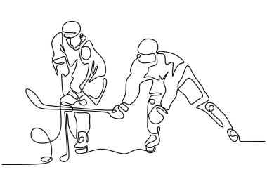 Buz hokeyi oyuncusu. Kış sporları temasının aralıksız çizimleri. Sopa ve topla oynayan iki kişi..