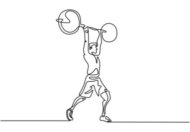 Halterle çömelmiş bir adam sürekli vektör çizimi yapıyor. Egzersiz sadeliği tasarımı için spor salonu teması.