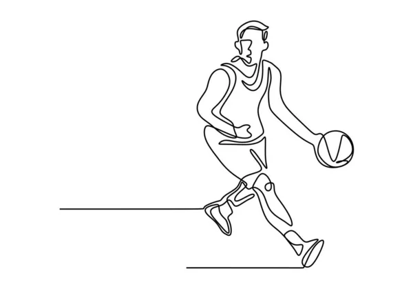 Basketball continuous one line drawing vector illustration. Athlete player dribbling a ball on the game play. — Stock Vector