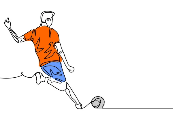 Homem chutar uma bola no futebol futebol jogo esporte design. Vetor contínuo de uma linha desenho design minimalista com cores . — Vetor de Stock