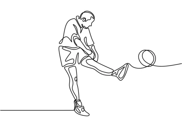 Человек пинает мяч непрерывным рисованием одной линии. Концепция футболиста забить гол . — стоковый вектор