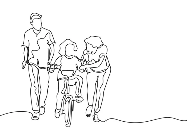 Dibujo continuo de una línea de la familia compartir con el amor. Padre y madre ayudan a su hijo a montar en bicicleta . — Archivo Imágenes Vectoriales