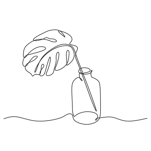 Dibujo continuo de una línea de hoja de monstera en botella de vidrio. Minimalismo tropical Philodendron ilustración vectorial dibujado a mano . — Archivo Imágenes Vectoriales