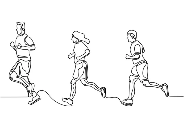 Menschen laufen kontinuierlich eine Linie Zeichnung Minimalismus Design Vektor Illustration. Männer und Mädchen beim Sport für einen gesunden Lebensstil. — Stockvektor