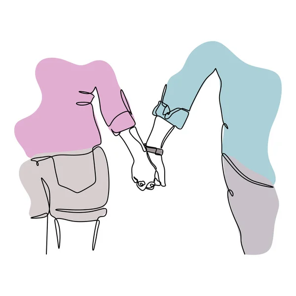 Continue één lijn tekening van romantisch koppel concept. Meisje en jongen hand in hand getekend minimalisme ontwerp vector illustratie geïsoleerd op witte achtergrond. — Stockvector