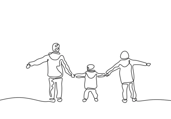 Συνεχής μία γραμμή με τρία παιδιά να κρατιούνται χέρι-χέρι και να παίζουν. Παιδική πράξη καλοσύνης. Η έννοια του αδελφού και της αδελφής μέλους της οικογένειας. — Διανυσματικό Αρχείο