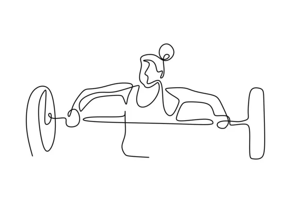 Одна лінія малюнок жінки будівельника тіла в спортзалі. Дівчина тренується з підйомними штангами під час сеансу важкої атлетики в гімназії . — стоковий вектор