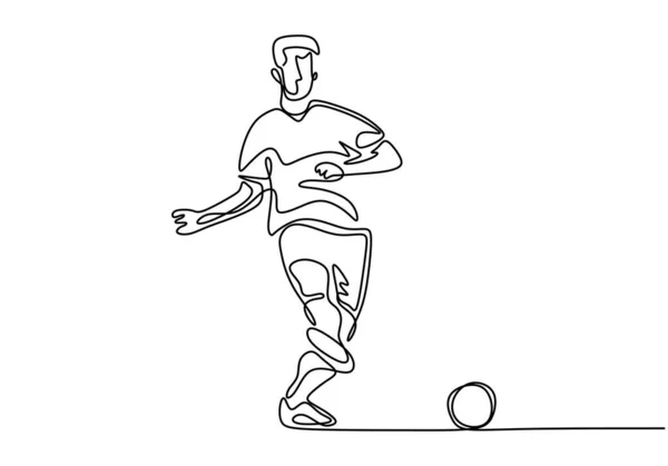 Continuous one line drawing of football player kick a ball during the game sport. Vector minimalism singe hand drawn design isolated on white background. — Stock Vector