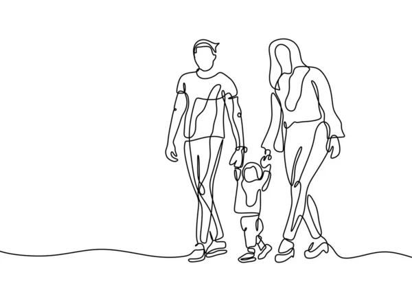 Continuous one line drawing of family vector, Concept of father, mother, and son. Parents help their kid walking. — ストックベクタ