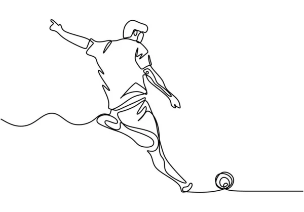 Un disegno di linea del giocatore di calcio calcia una palla. Uomo che fa gioco di sport sul campionato partita . — Vettoriale Stock