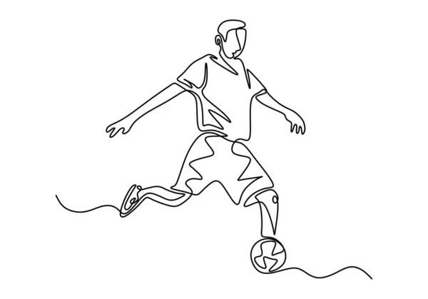 Soccer player drawing continuous one line hand drawn. Football person kick a ball during the match game. — ストックベクタ