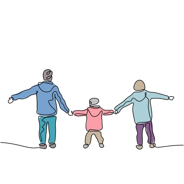Continuous one line drawing of three kids playing and holding hands. Togetherness children hand drawn sketch with colors vector illustration minimalism. — ストックベクタ