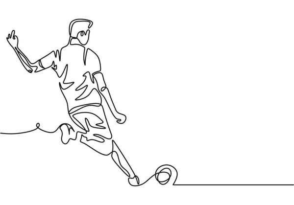 Desenho contínuo de uma linha de jogador de futebol chutar uma bola durante o esporte de jogo. Design de minimalismo vetorial isolado em fundo branco . —  Vetores de Stock